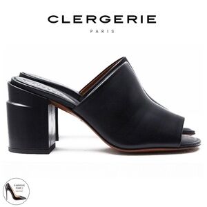 ROBERT CLERGERIE ALLEGRIA MULE BLACK LEATHER block Heel Open Toe Slip On Sandals
